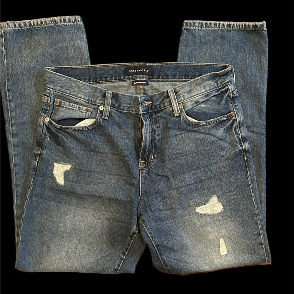 Aeropostale Womens Distressed Blue Slim Straight Denim Jeans 34/32